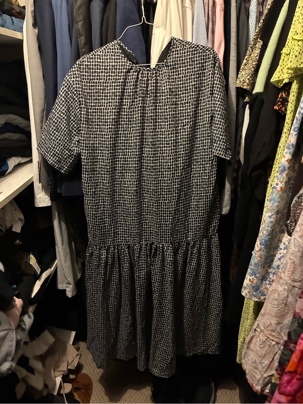 ' Black and White Grid Print Short Sleeve Dress